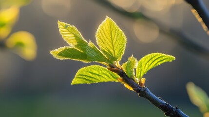 Close-Up of Dewy Green Leaves Bathed in Golden Morning Light Against a Soft Background