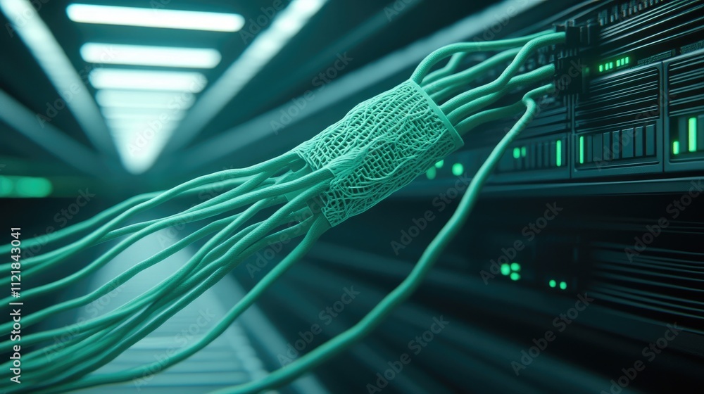Poster cables are connected to a network switch in a data center, showcasing a modern infrastructure. the b