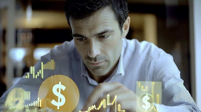 professional man analyzing financial data on a screen, overlaid with icons of a dollar sign, pie chart, and uptrend arrows, symbolizing wise investment choices. [men's]:[investment tips]  - Powered by Adobe
