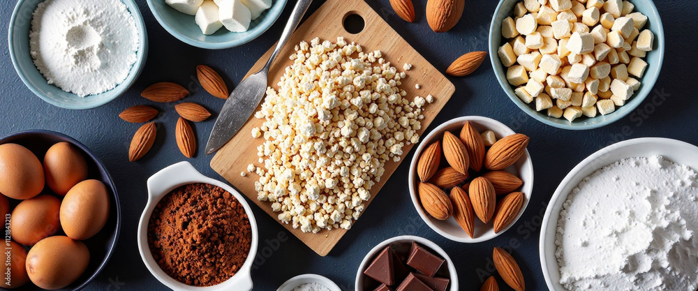Poster a variety of nuts and seeds are displayed in bowls on a table. the bowls are arranged in a way that 