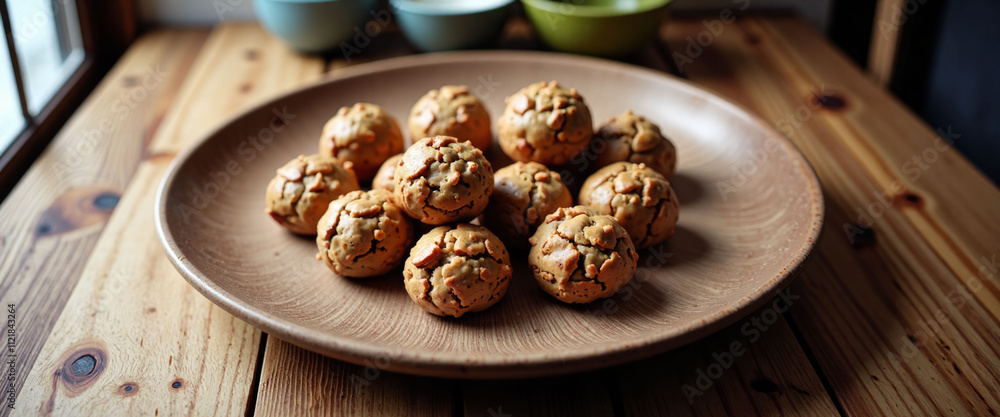 Poster a plate of cookies sits on a wooden table. the cookies are all different sizes and shapes, and they 