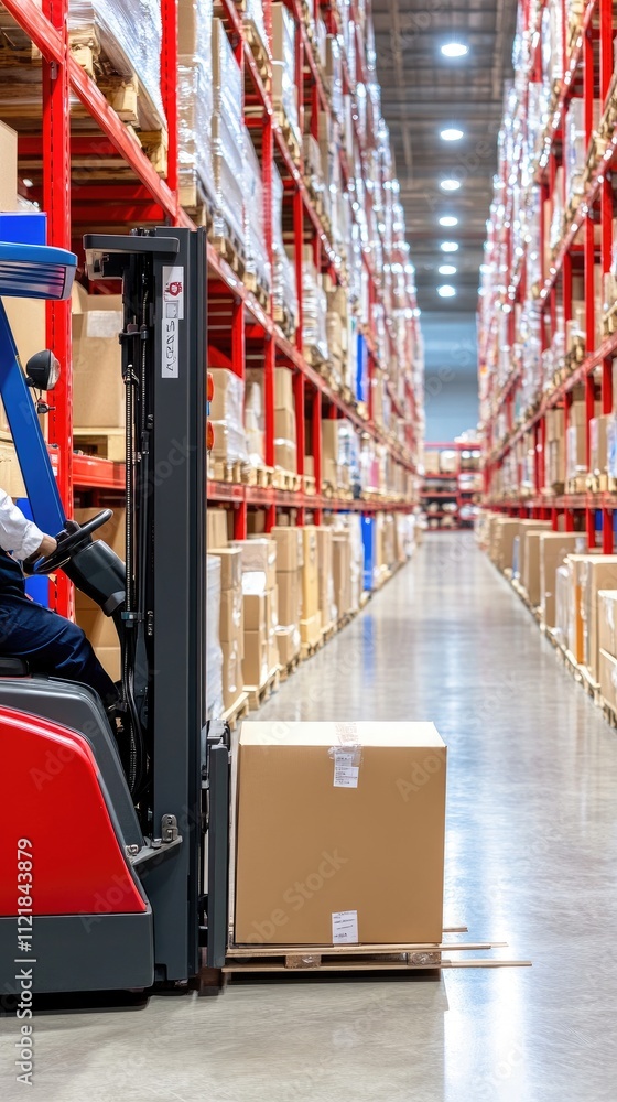 Poster a worker operates a forklift truck to move boxes through an organized warehouse filled with pallets 