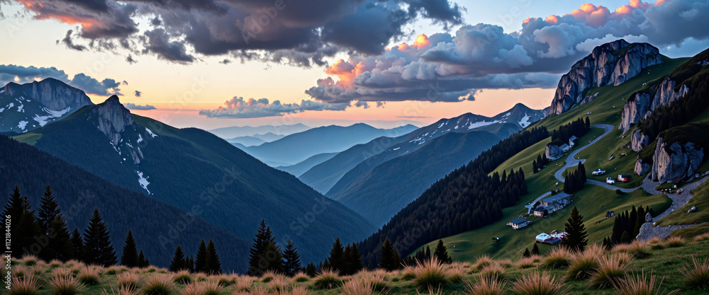 Poster a beautiful mountain range with a sunset in the background. the sky is filled with clouds, creating 