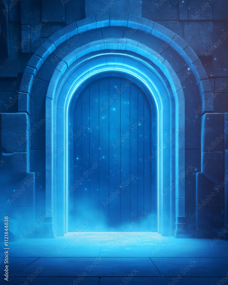 Poster mysterious glowing doorway in an ancient stone structure