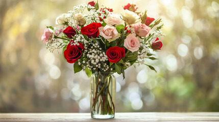 bouquet of red, pink and white  roses in a glass vase