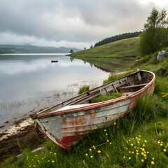 Obraz premium old rusty fishing boat on the slope along the shor