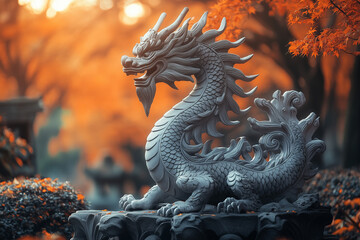 Fototapeta premium Dragon sculpture representing power, strength, and prosperity in a tranquil garden setting during autumn