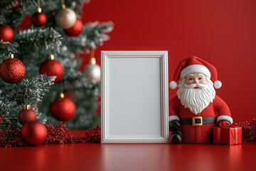 Fototapeta premium Festive display featuring a blank frame next to a cheerful Santa Claus figure with holiday decorations