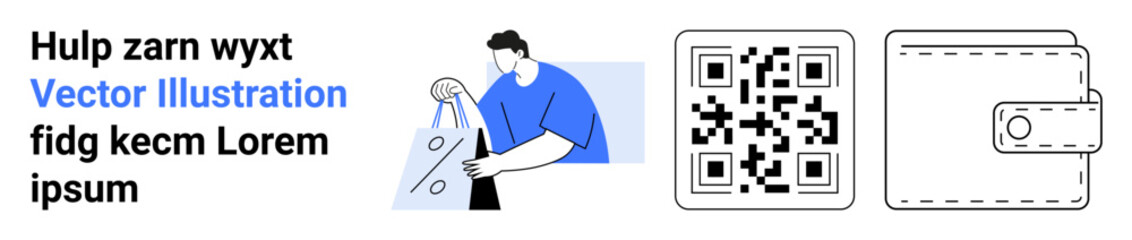 Person in blue shirt cleaning with a cloth, QR code for scanning, and an outlined wallet. Ideal for technology, finance, cleanliness, digital transactions, e-commerce, customer service marketing