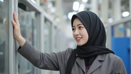 Confident Muslim Female Engineer Monitoring Production Line in Modern Factory