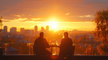 Obraz premium Two Silhouettes Enjoying Sunset Over Cityscape from Balcony with Beautiful Views