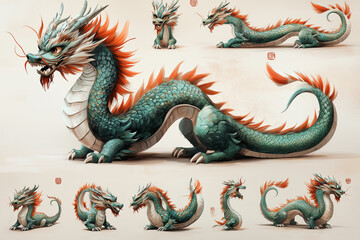 Fototapeta premium Dragons depicted in various artistic styles showcasing detailed features and unique designs