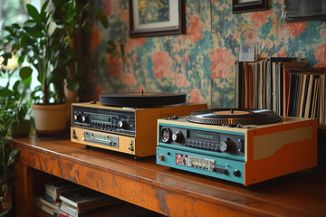 Vintage audio equipment displayed on a wooden table in a retro-inspired room from decades past