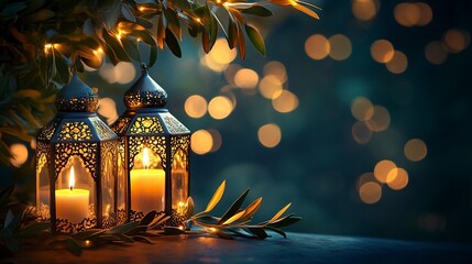Fototapeta premium Decorative Arabic lanterns with burning candles at night. Glittering golden bokeh lights. Festive greeting card, invitation. Muslim holy month Ramadan Kareem.