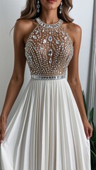 Crystal embellished dress soft pleats white background 