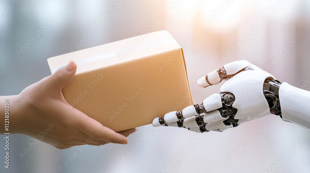 Poster robot and human exchanging a package in modern setting