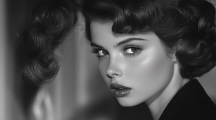 Fototapeta premium A monochrome portrait of a woman with vintage hairstyle 