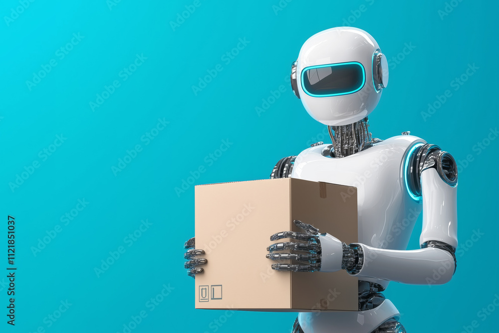 Poster robot holds cardboard box in a modern setting