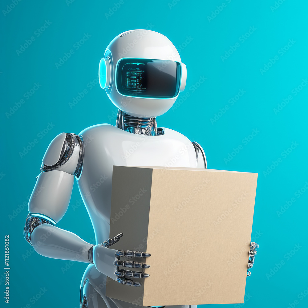 Poster robot with futuristic design holds cardboard box in studio