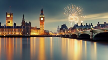 Fototapeta premium Fireworks Over River for New Year Celebration, Big City New Year Celebrations, New Year's day, New Year's Eve 