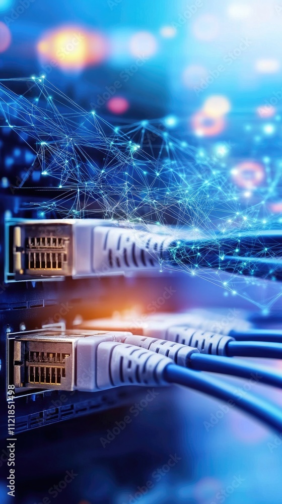 Poster cables are connected to a network switch in a modern office setting. the blue color theme and soft l