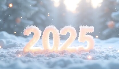 Frosty New Year Scene with Snowflakes and Shimmering "2025" on a Clean White Background


