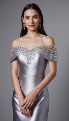 Fototapeta premium Satin off shoulder dress with crystal accents silver background 