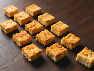 Golden Brown Fried Tofu Squares on Dark Wooden Surface.