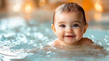 A cheerful baby enjoying a refreshing moment in a pool, with a warm background glow adding a cozy and joyful atmosphere. Perfect for concepts of childhood, happiness, and carefree moments
