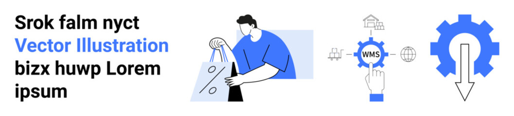 Male character holding a shopping bag with a percentage sign, a finger pressing a gear labeled WMS, a gear with a downward arrow. Ideal for e-commerce, logistics, retail, marketing, business growth