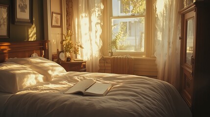 Minimalist Bedroom with Soft Sunlight and Journal on Nightstand, Relaxation and Recovery Scenes, New Year's day, New Year's Eve 
