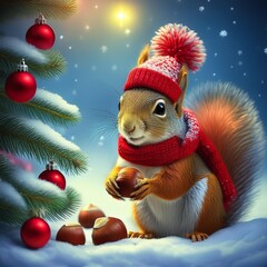 A squirrel wearing a red hat decorates the Christmas tree