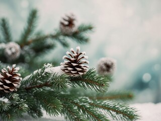 Festive Winter Frame Pine Branches Cones Holiday Background.