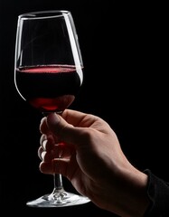 Una mano de hombre sosteniendo en alto una copa de cristal llena de vino tinto sobre fondo negro