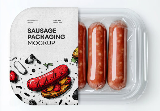 Sausage Packaging Mockup &ndash; Realistic Plastic Tray with Illustrated Label Design for Meat Product Branding, Supermarket Promotions, and Food Packaging Display