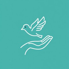 Obraz premium White line art dove taking flight from an open hand against a teal background.