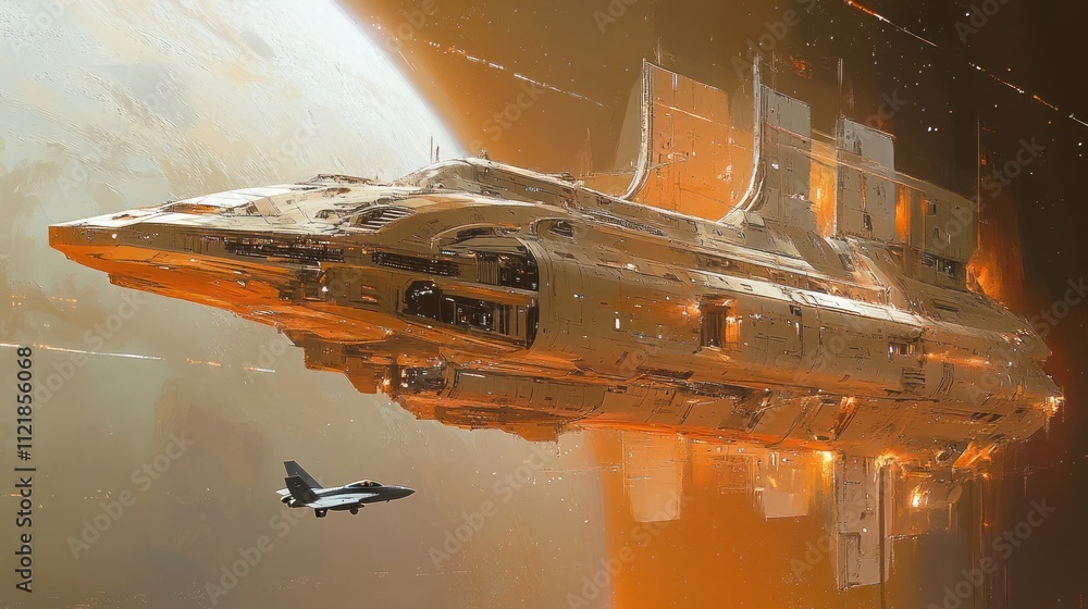 Poster futuristic spaceship with small craft in space