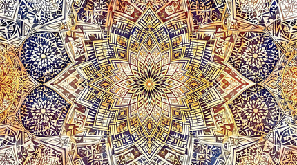 Watercolor Art with Intricate Patterns and Arabic Architecture Elements Digital Creative Concepts Celebrating Cultural Beauty and Timeless Design, detail of a mosaic in a mosque