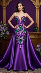 Fototapeta premium Full length satin dress adorned with amethyst emerald and diamond stones purple background 