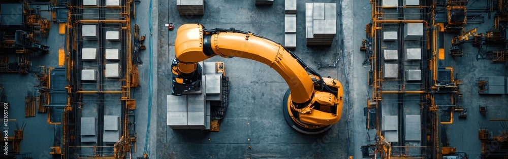 Poster a robotic arm is skillfully placing concrete blocks on a construction site, showcasing advanced auto