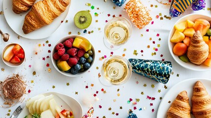 New Year Brunch Table with Croissants and Champagne Flutes, Celebratory Breakfast or Brunch, New Year's day, New Year's Eve 
