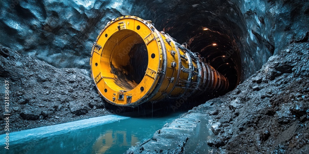 Poster a high-tech tunnel boring machine moves through dense rock, showcasing advanced engineering at a con