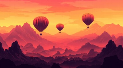 Fototapeta premium A flat vector illustration of colorful hot air balloons floating over mountains.