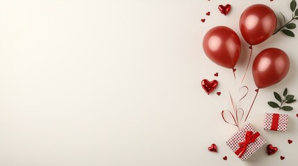 Obraz premium Romantic Celebration Composition with Red Balloons, Hearts, Gift Box, and Greenery on Light Background