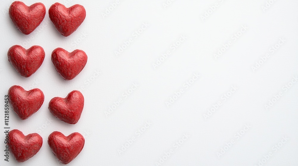 Poster red heart shapes arranged in two rows on white background for romantic and loving themes