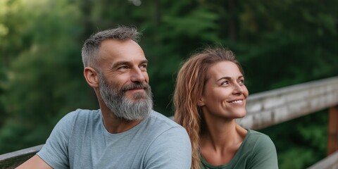 Fototapeta premium A man and woman are smiling at the camera. The man has a beard and the woman has long hair. They are both wearing green shirts