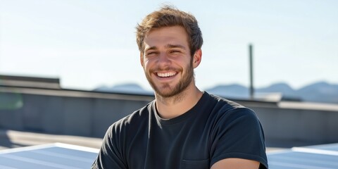 Fototapeta premium A man with a beard is smiling and wearing a black shirt. He is sitting on a roof and looking at the camera