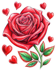 Romantic Floral Design: Red Rose and Hearts