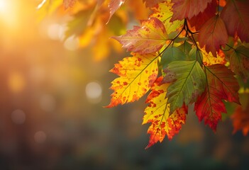 Obraz premium Autumn Leaves and Bokeh Lights Creating a Warm Fall Atmosphere