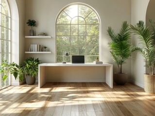 Minimalist workspace with natural lighting and indoor plants, AI generated